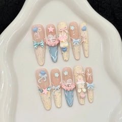Ingvn  10Pcs Cat's Eye French Handmade Nail Tips Long Stiletto Fake Nail with Colorful Rhinestone Reusable Almond Press on False Nails