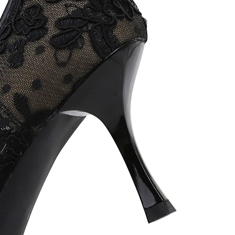 Ingvn  Fashion Metal Square toe Lace Air Mesh Women Pumps Elegant Thin High heels Office Lady Shoes Spring Autumn Party Dress Shoes