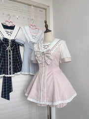 Ingvn  Harajuku Vintage Lace Bow Lolita 2 Piece Set Women Y2K Slim Dress Tops Casual Shorts Sweet Fashion Suit Chic