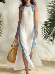 Ingvn  Women's Sexy Halter Sleeveless Striped Maxi Dress Side Slit Color Block Loose Flowy Elegant Casual Vacation Summer Dresses