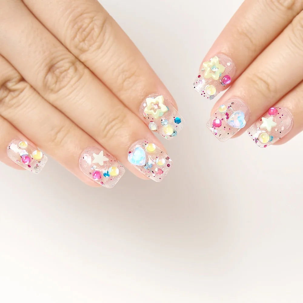 10pcs Handmade Summer Press On Nails Short Fake Nails Ballerina Love Stars Patterned Fake Nail Cute Nail Art Sweet Fake Nails