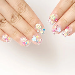 10pcs Handmade Summer Press On Nails Short Fake Nails Ballerina Love Stars Patterned Fake Nail Cute Nail Art Sweet Fake Nails