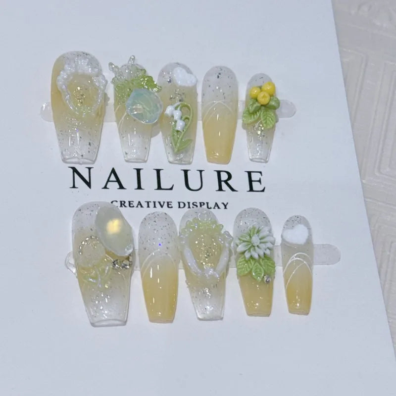 Ingvn  10pcs Handmade Finger Nails Spring Ready-made Artificial Nail Tips 3d Flowers Short False Nails Aesthetic press on Nails