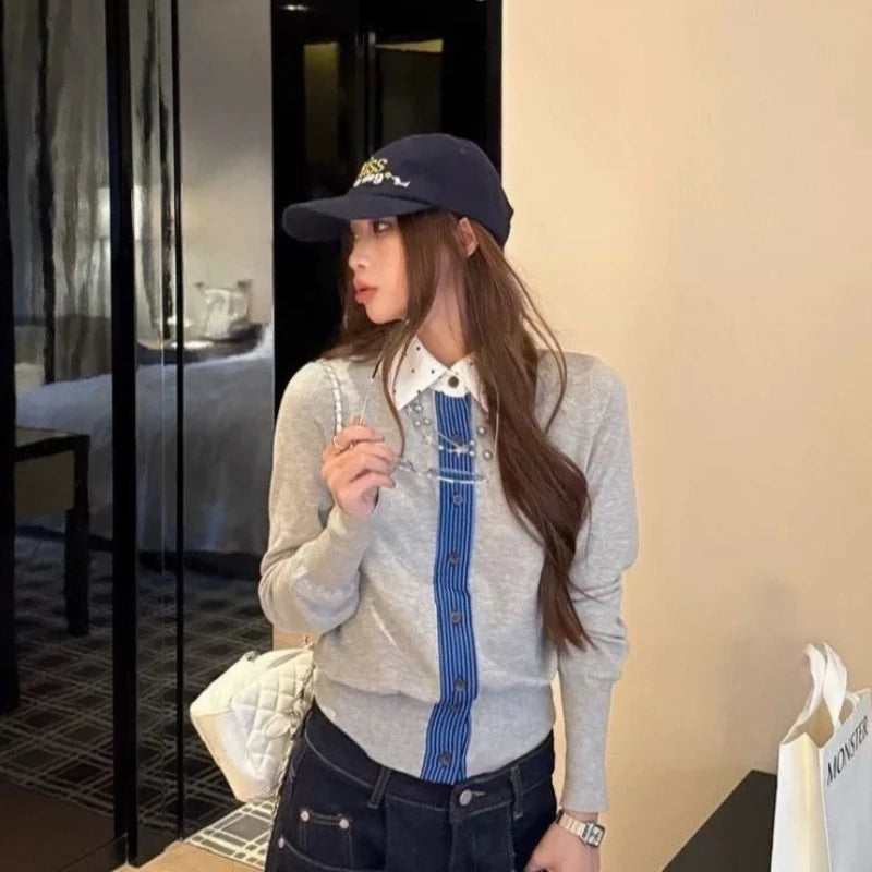 Ingvn - Women's Autumn Winter Vintage Faux Two Piece Embroidered Knit Cardigan Long Sleeve Slim Fit Chic Coquette Trendy Top