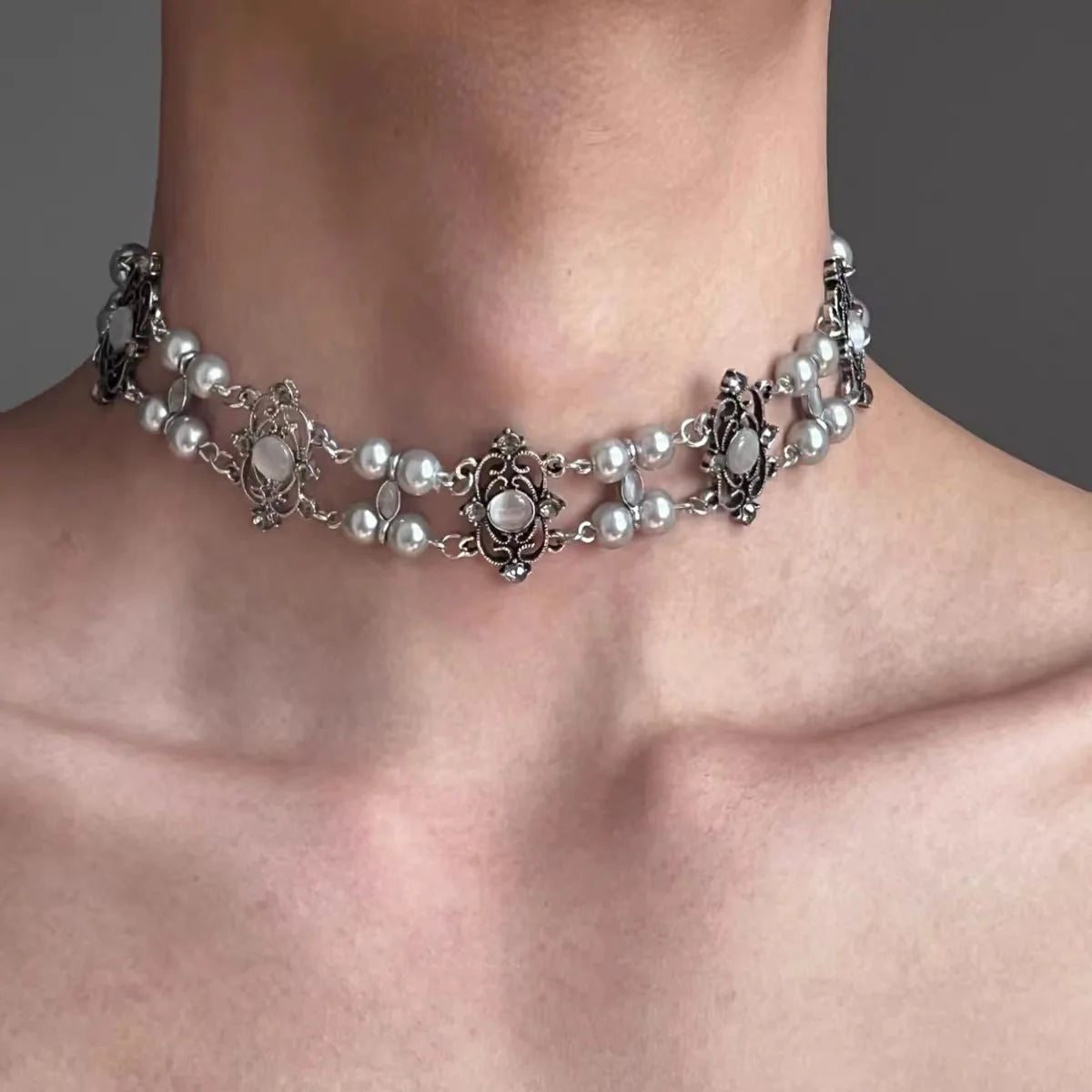Ingvn  New Vintage Necklace Double-Deck Pearl Tiger-Eye Luxury Court Style Unisex Choker for Women Men Couple Jewelry