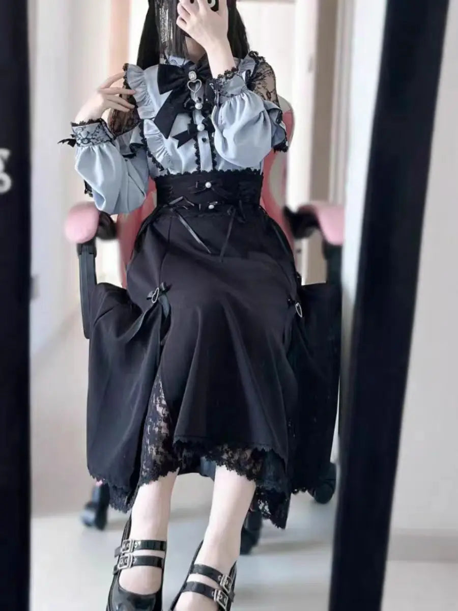 Ingvn  Japanese Lolita Lace Patchwork Shirts Women + New Slim high Waist Midi Black Skirts sweet kawaii Two Piece Sets