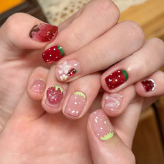 Ingvn  24Pcs Short Ballet False Nails with Red Strawberry Pattern Acrylic Coffin Nails Set Press on Cute Cat's Eye Sticks Nail Tips