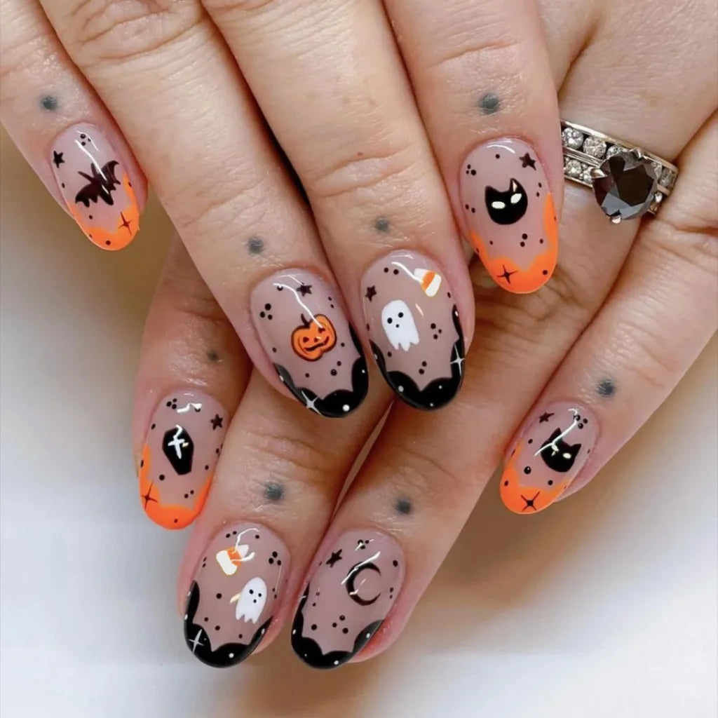 Ingvn  24pcs/set Halloween Black Spider Web Bat Short Press on Nails for Girls Medium False Nails with Glue Medium Square Cheap French