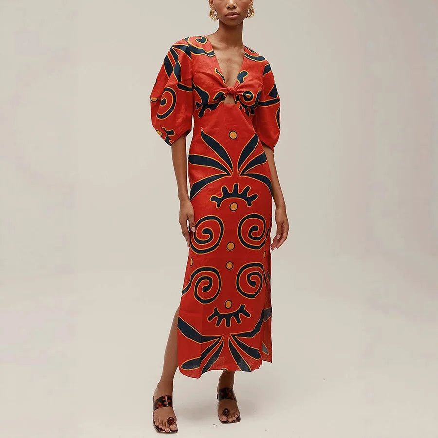 Ingvn  Women Fashion Linen Material  Fashion Chic Print Long Party Dresses Sexy V-neck Hollow Out High Waist Party Dress Lady Robes