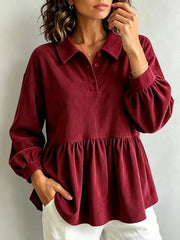 Ingvn - New Fashion Pleated Turn Down Collar Long Sleeve Women Blouse Office Lady Elegant Solid Color Shirts Spring Autumn Woman Tops