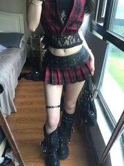 Ingvn  Subculture Gothic Plaid 3 Piece Set Women Retro Short Sleeve Halter Crop Tops Mini Pleat Skirt Punk Sexy Streetwear Design