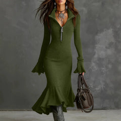 Ingvn - Autumn Winter Women Long Sleeve Flare Sleeves Slim Knitted Party Dress Women Fashion Zipper V-neck Office Dress
