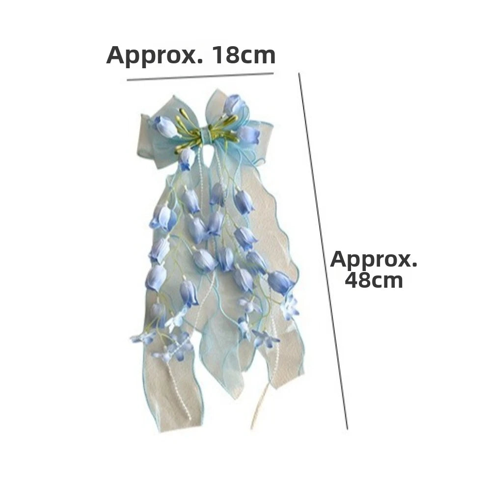 Ingvn  New Bell Orchid Ribbon Hair Clip Large Bow Soft Mesh Hair Barrettes Long Ribbon Tassel Design Bow Hair Clip For Girls