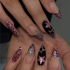 Ingvn  24Pcs Leopard Print Cat's Eye Nail Art Tip Long Almond Black Star Pattern Press on False Nails Pink Glitter Fake Nail Finished