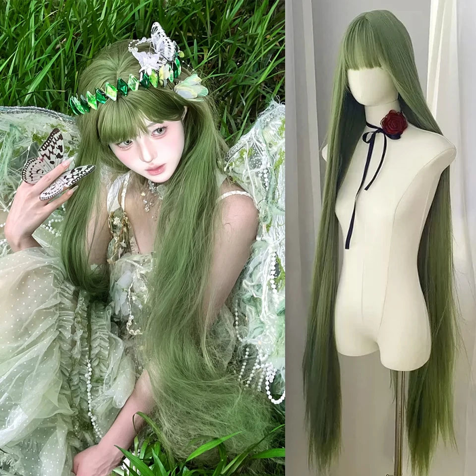 Ingvn - Super Long 100m Wavy Pink Fluffy Wig With Bangs Synthetic Halloween Cosplay Party Green Natural Looking Lolita Wigs For Women