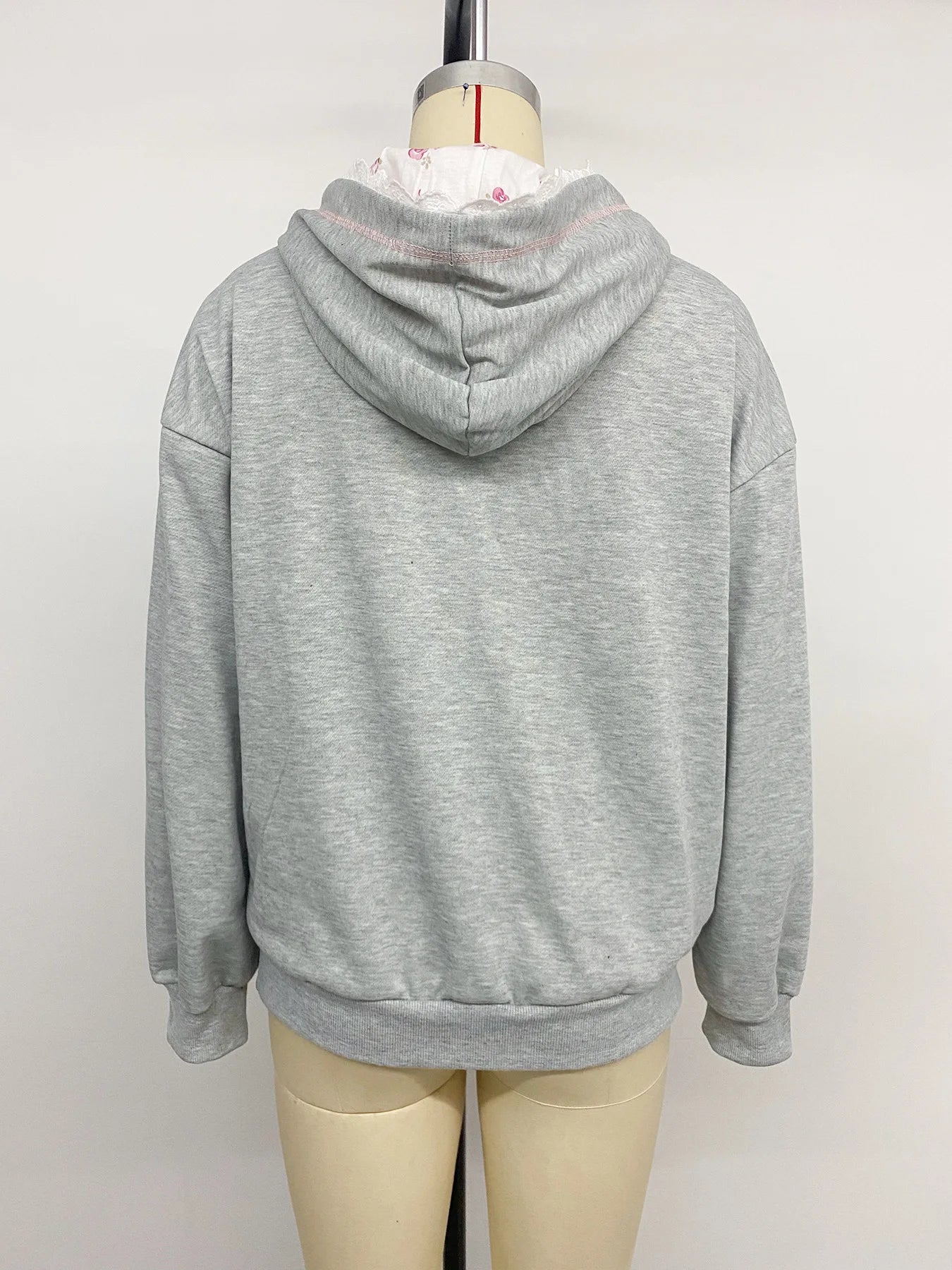Ingvn - Women Sweet Hoodie Bow Embroidery Lace Trim Splice Long Sleeve Loose Casual Pullover Sweatshirt