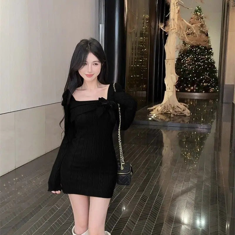 Ingvn - Women's Autumn Winter Solid Knit Dress Bodycon Sweater Coquette Versatile Mini Chic Trendy Warm Elegant Vintage