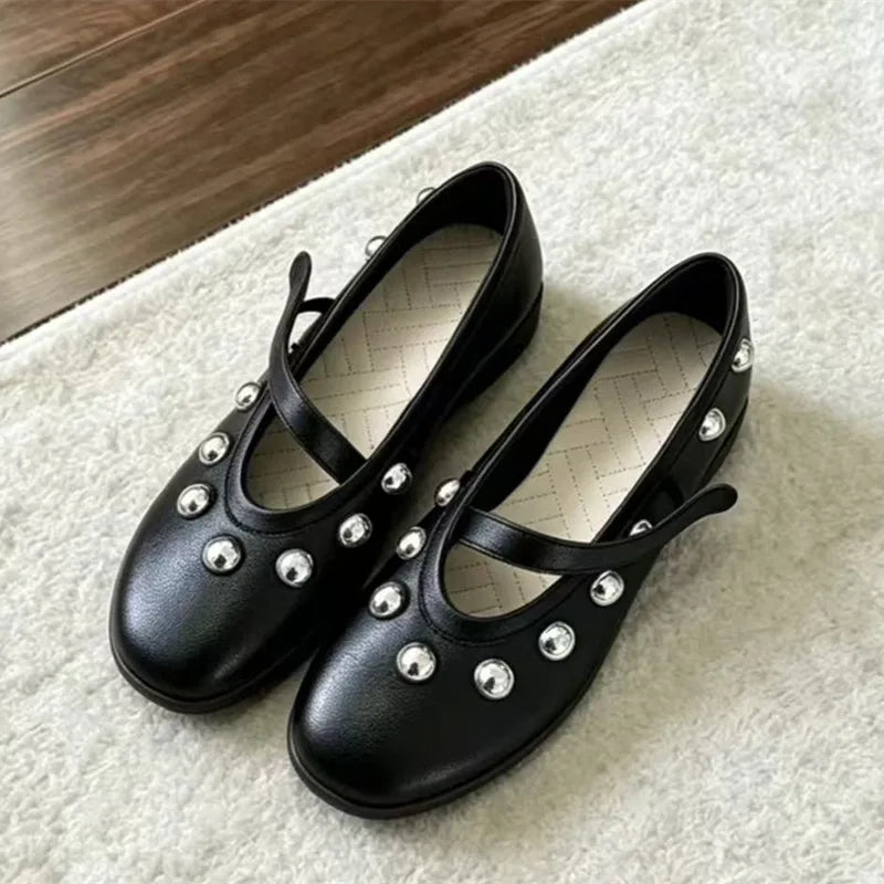 Ingvn - Fashion Rivet Sequined Mary Janes Women Ballet Flats Spring Autumn Comfortable Soft Soles Leather Walking Loafers Casual Shoes