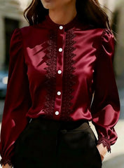 Ingvn  Lace Trim Stand Collar Long Sleeve Blouse Puff Sleeve Button Down Shirt