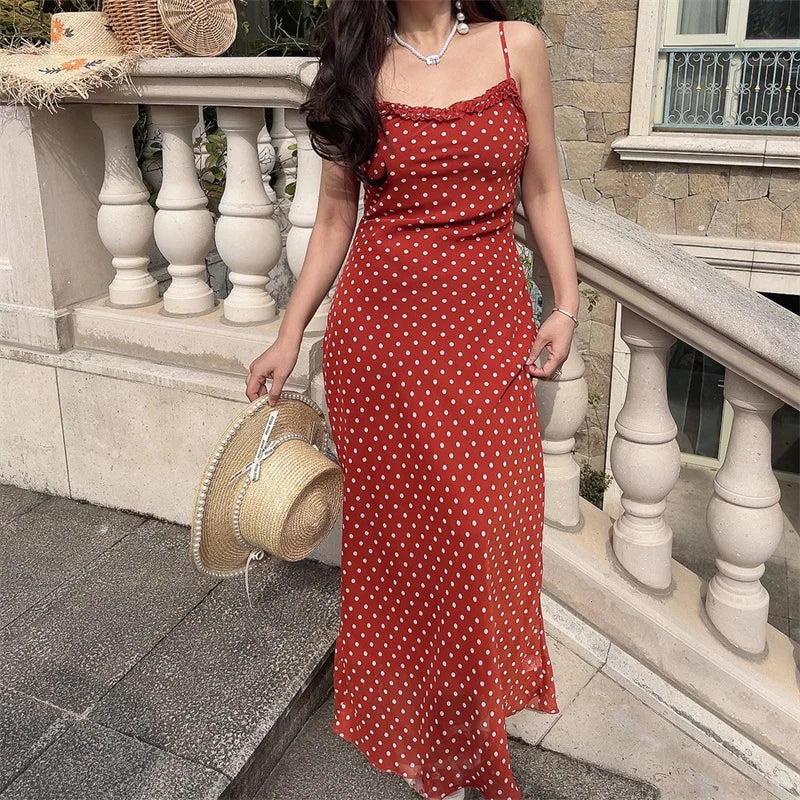 Ingvn  Summer Spring Polka Dot Wooden  Long Belted Halter Neck Gown Women's Holiday Strap Dress Fairy Skirt Style No Sleeve U Neck