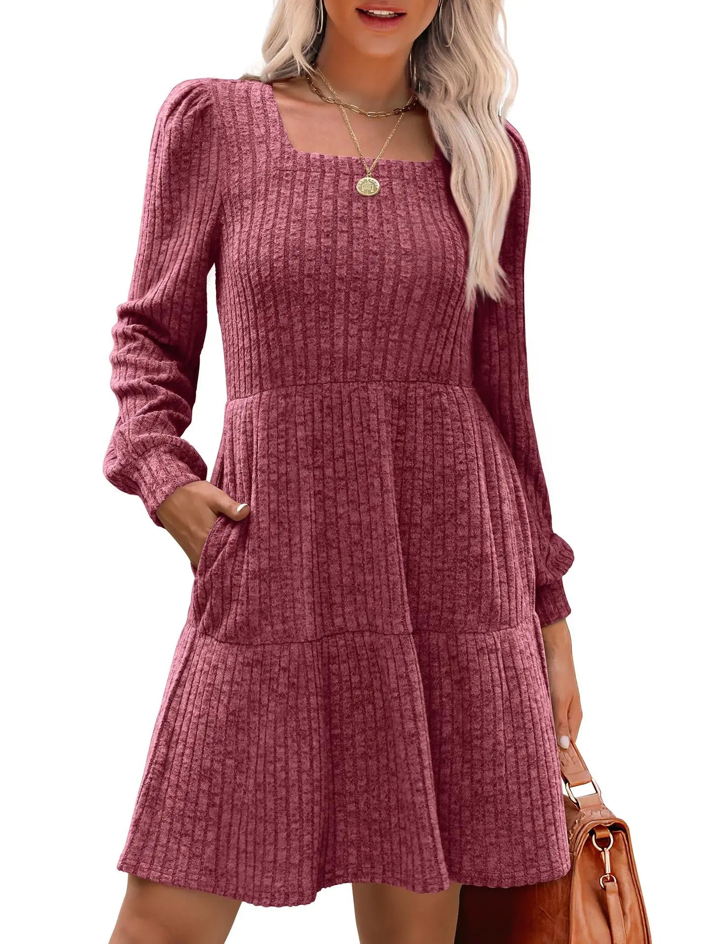 Ingvn  European and American Women's Square Collar Long Sleeve Autumn Dress Casual Baby Sweater