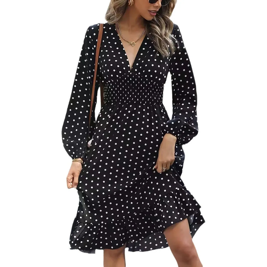 Ingvn  Waist Slimming Polka Dot Long Sleeve Elegant Dress