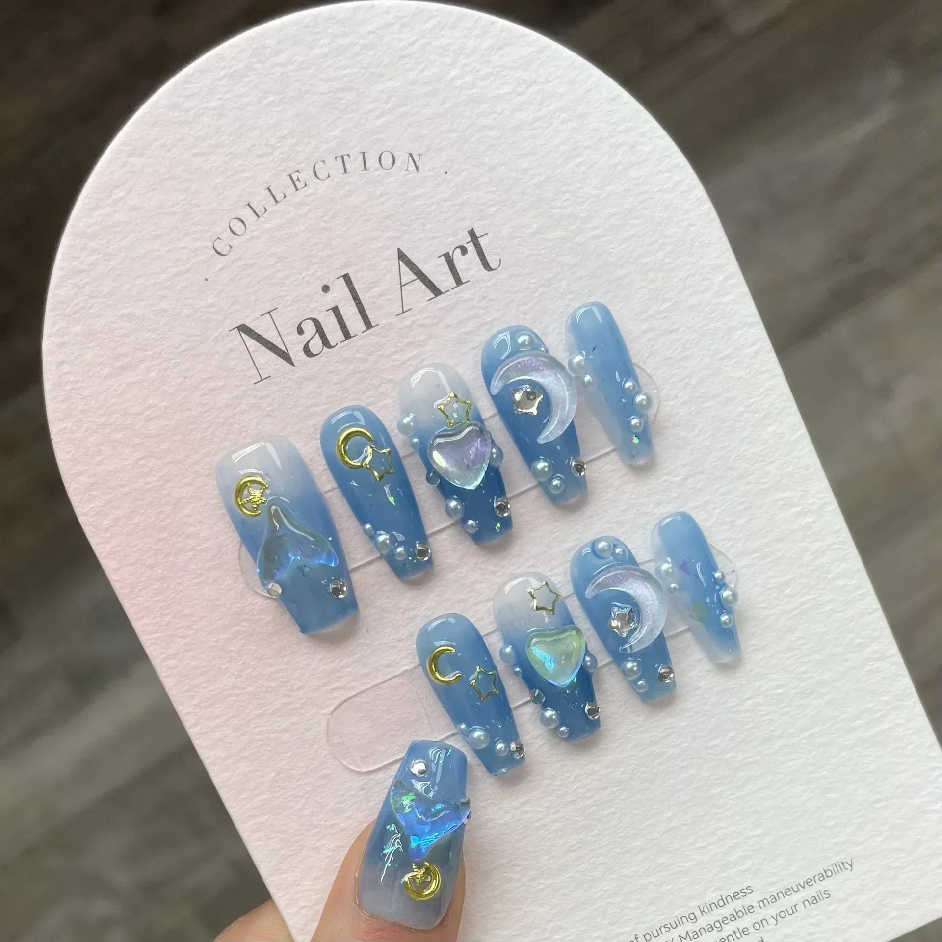 Ingvn  10Pcs Handmade Press on Nails Long Ballet Blue Fake Nails with 3D Ocean Moon Rhinestone Design False Nails Full Cover Nail Tips