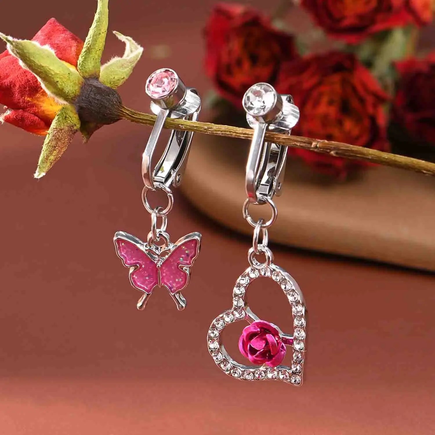 Ingvn  2pcs Cute Fake Belly Ring for Women - Pink CZ Heart & Butterfly Dangle Clip On Navel Rings, 304 Stainless Steel, Non-Pierced