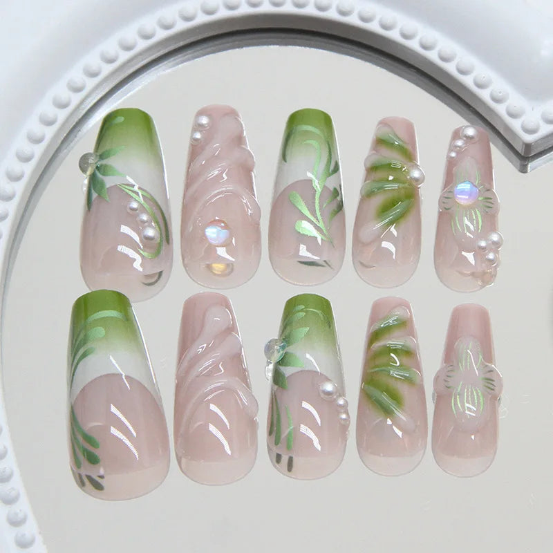 Ingvn  24pcs Press on Nails with Design Green 3d Gradient French False Nails with Charms Fashion Nail Tips Removable Sticky Nails