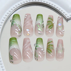 Ingvn  24pcs Press on Nails with Design Green 3d Gradient French False Nails with Charms Fashion Nail Tips Removable Sticky Nails
