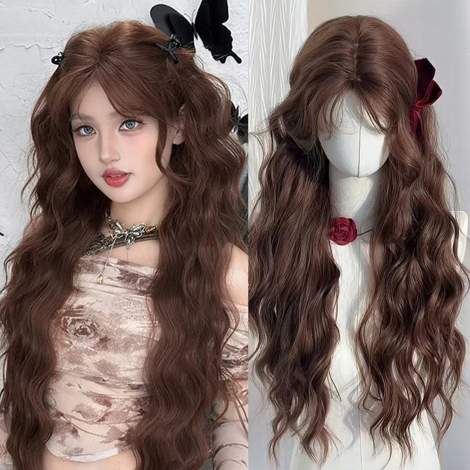 Ingvn  Long Wavy Brown Middle Part Wig Synthetic Lolita Wig Natural Cosplay Party Wig Daily Wear Halloween Costume Y2K Orange Wig