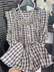 Ingvn  Sweet Style Plaid Sleeveless Shirt Women Summer Wood Ear Design Slimming Anti-Aging Trendy Top Korean Loose Fit round Neck