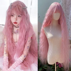 Ingvn - Super Long 100m Wavy Pink Fluffy Wig With Bangs Synthetic Halloween Cosplay Party Green Natural Looking Lolita Wigs For Women