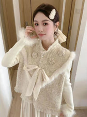 Ingvn - Women's Autumn Niche Tweed Faux Fur Patchwork Layering Knit Vest Elegant Chic Coquette Trendy Top Warm Vintage  Knit Vest