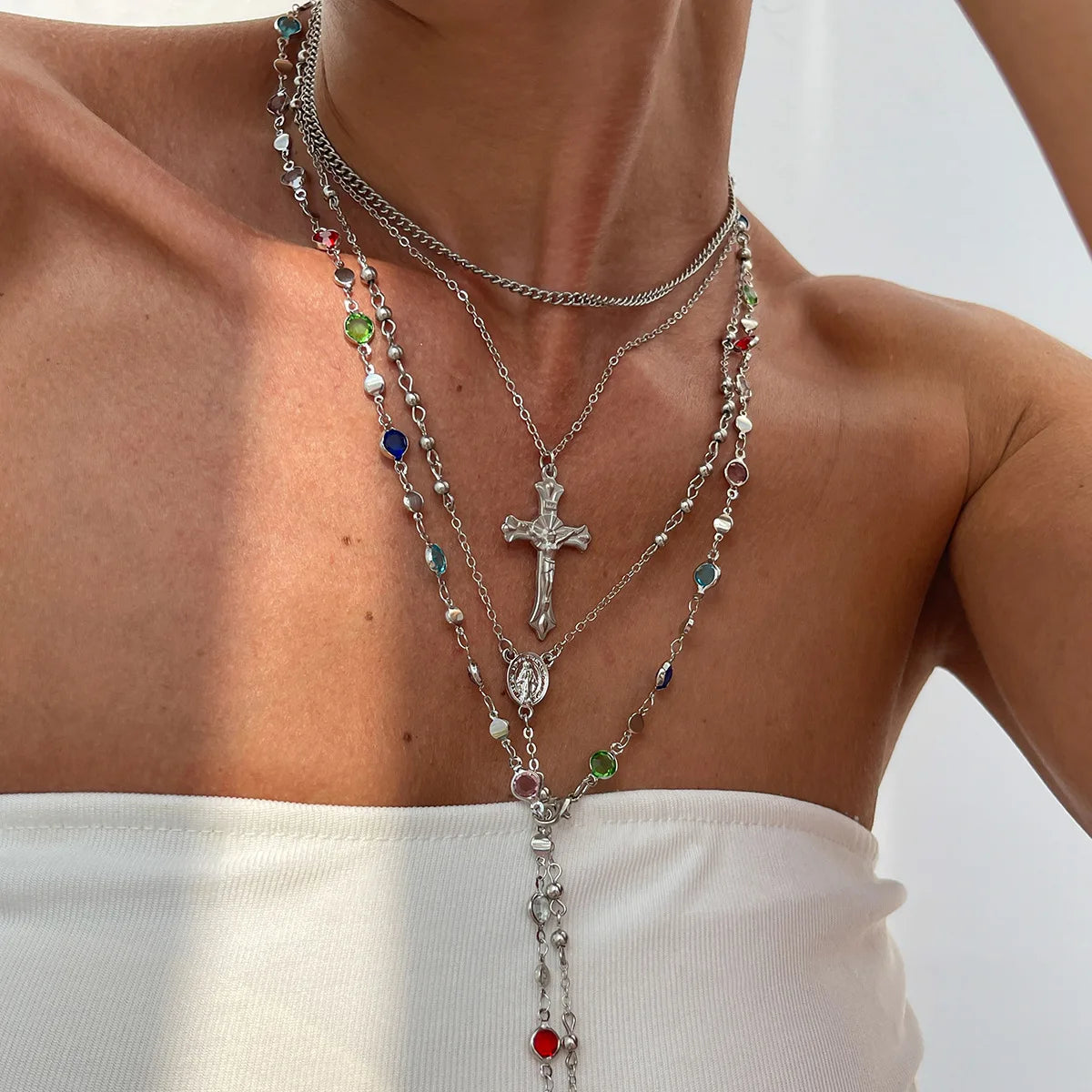 Ingvn  Cross Colorful Crystal Necklaces For Women Simple Gold Silver Color Y-Shaped Pendant Necklace Set New Christian Jewelry
