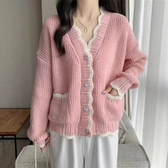 Ingvn - Autumn and Winter Fashion New Korean Heart-shaped Button Knit Cardigan Design Sense Color Blocked V-neck Loose Sweater