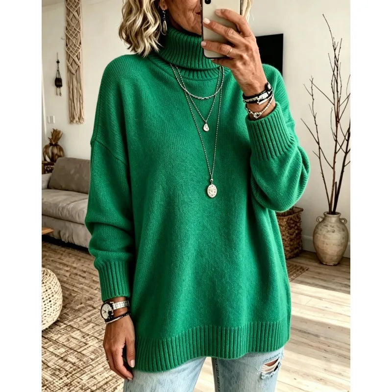 Ingvn - Women Turtleneck Knit Sweater Loose Long Sleeve Pullover Thick Autumn Winter Base Layer Top