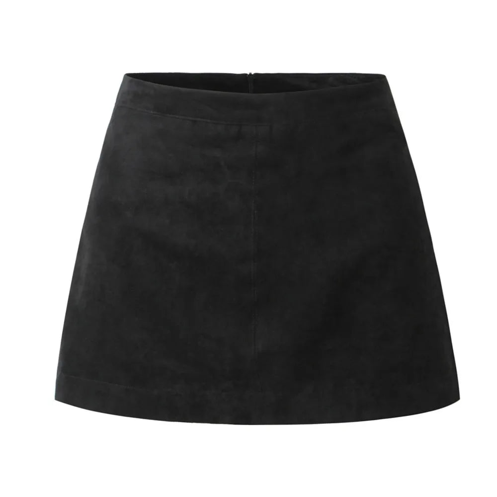 Ingvn  Autumn Winter High Waist Suede Faux Leather Mini Skirt Women Back Zipper A-line Short Skater Party Femme Camel Black