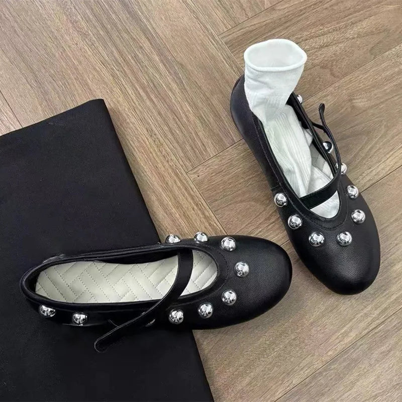 Ingvn - Fashion Rivet Sequined Mary Janes Women Ballet Flats Spring Autumn Comfortable Soft Soles Leather Walking Loafers Casual Shoes