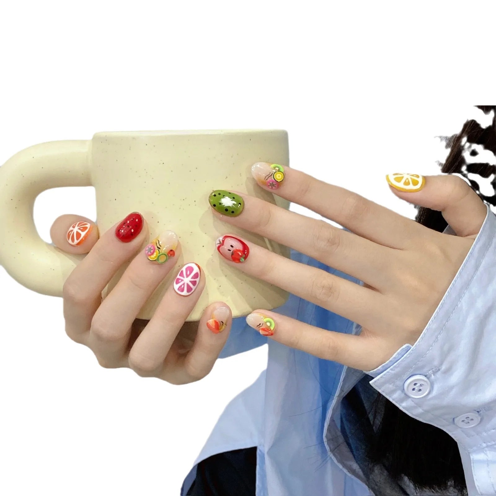 Summer Fresh Fruit Fake Nails Set Press On Finished Round Nail Tips 10PCS Handmade Cute Short Almond French False Nails Wearable