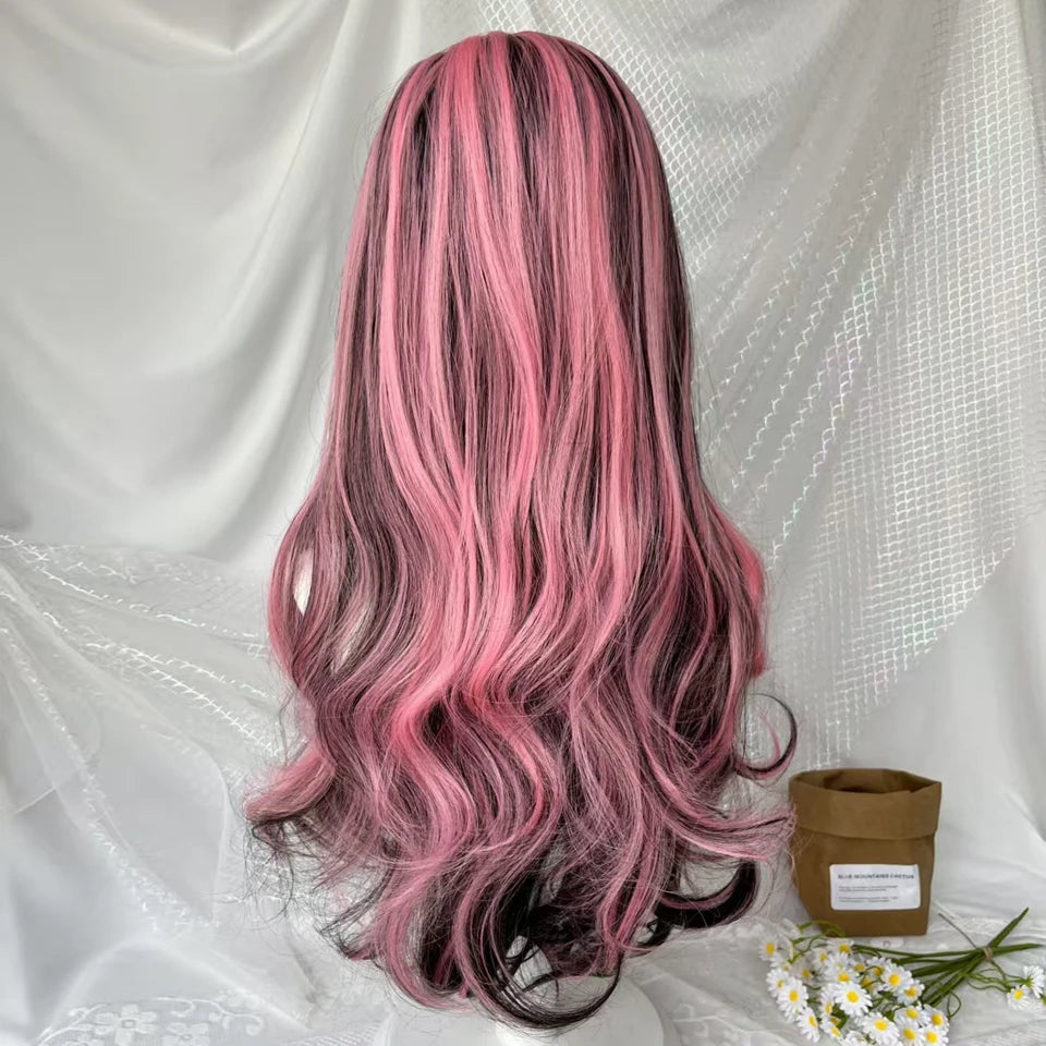 Ingvn - Long Wavy Black Highlight Pink Wig with Bangs Synthetic Diy Cosplay Wig Daily Wear Natural Wig Halloween Costume Wig for Women