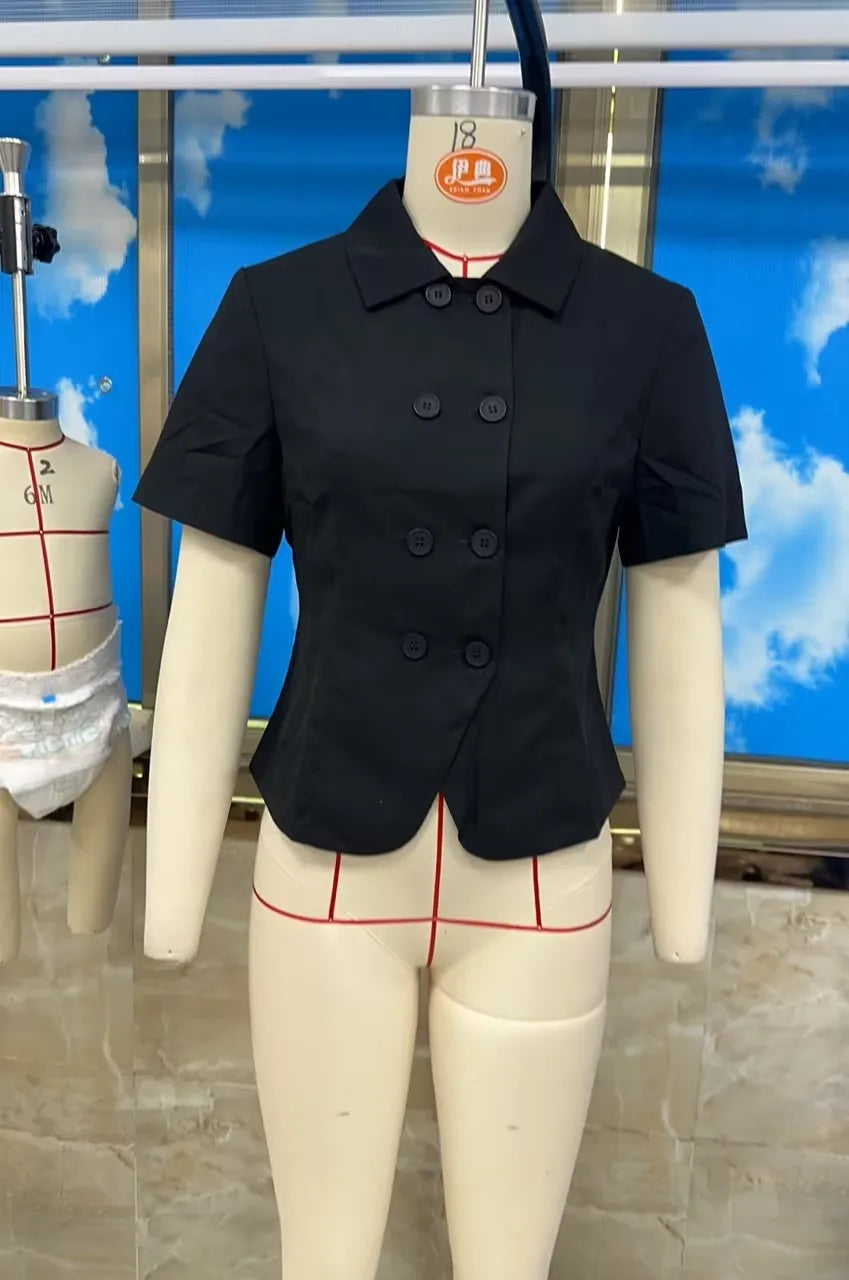 Ingvn  Women Summer Y2k Short Sleeve Coat Double Breasted Shirt Solid Color Lapel Turn-down Collar Slim Fit Blouse Crop Tops