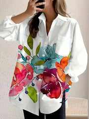 Ingvn  Plus Size Women's Fashion Spring   Autumn Floral Print Pocket Long Sleeved Casual Shirt Lapel Single Breasted Loose Blouse Shirt