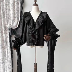 Ingvn  Y2k Aesthetic Retro Tops Blusas Vintage Elegant Lolita Shirts Women Gothic V-Neck Ruffles Long Sleeve Blouses Female