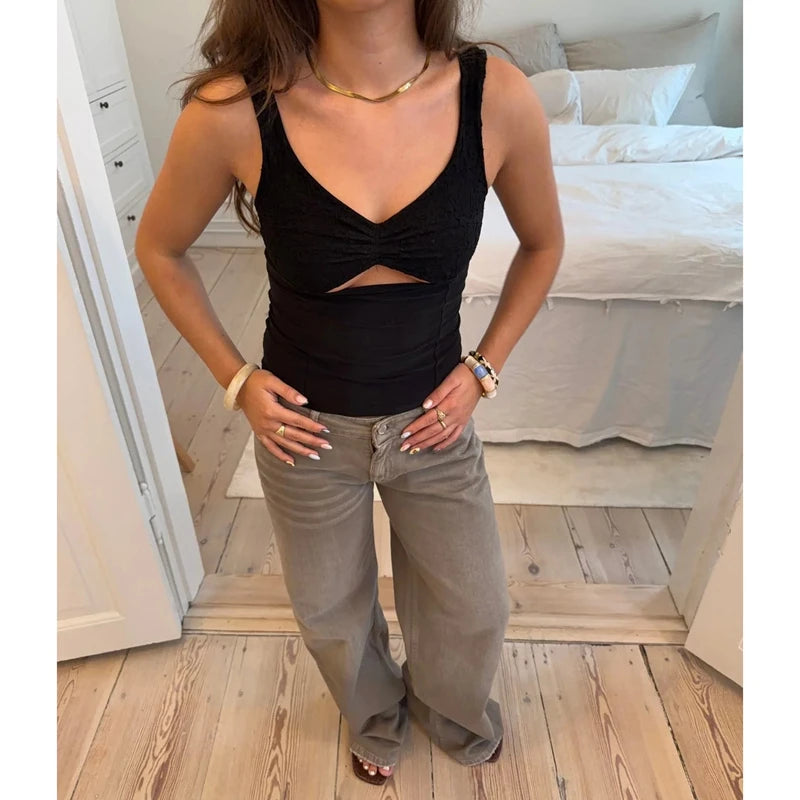 Ingvn  Womens Summer Y2k Floral Lace Patchwork Tank Tops Sleeveless Ruched Bust Keyhole Front Slim Fit Crop Camis Streetwear