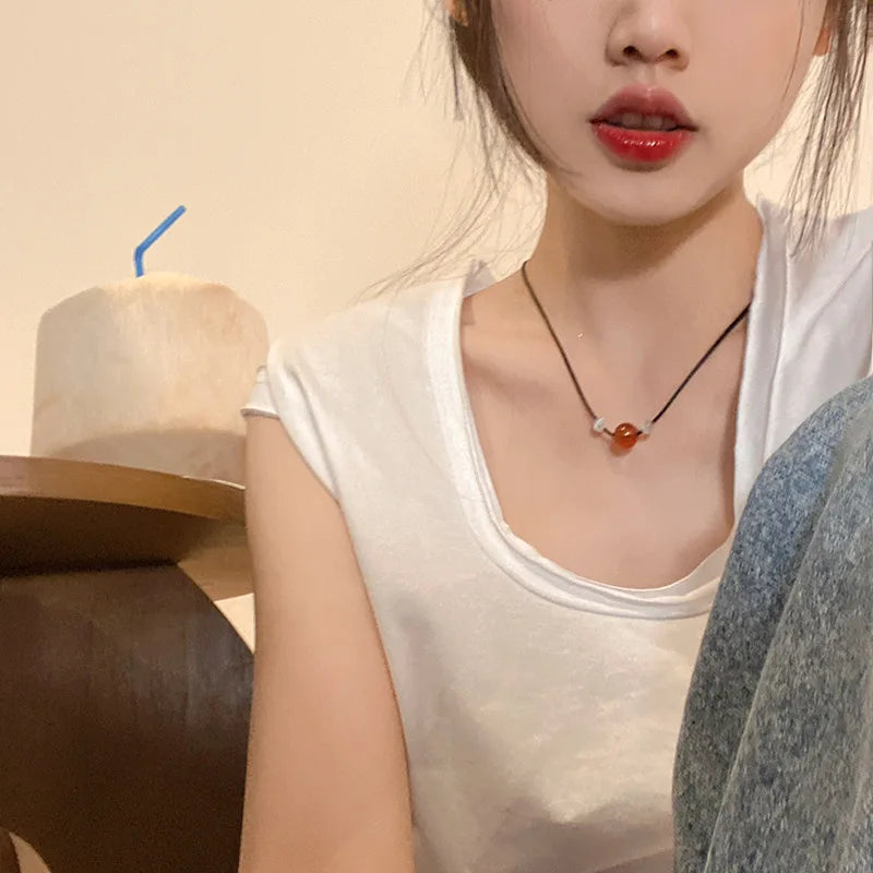 New Fashion Vintage Red Stone Pendant Rope Chain Adjustable Necklaces for Women Clavicle Chain Neck Trend Aesthetic Jewelry