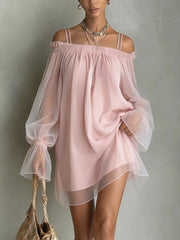 Ingvn  Women's Double Strap Off Shoulder Mini Dress Sheer Mesh Long Sleeve Loose Fit Sexy Sweet Fairy Core Summer New Dress