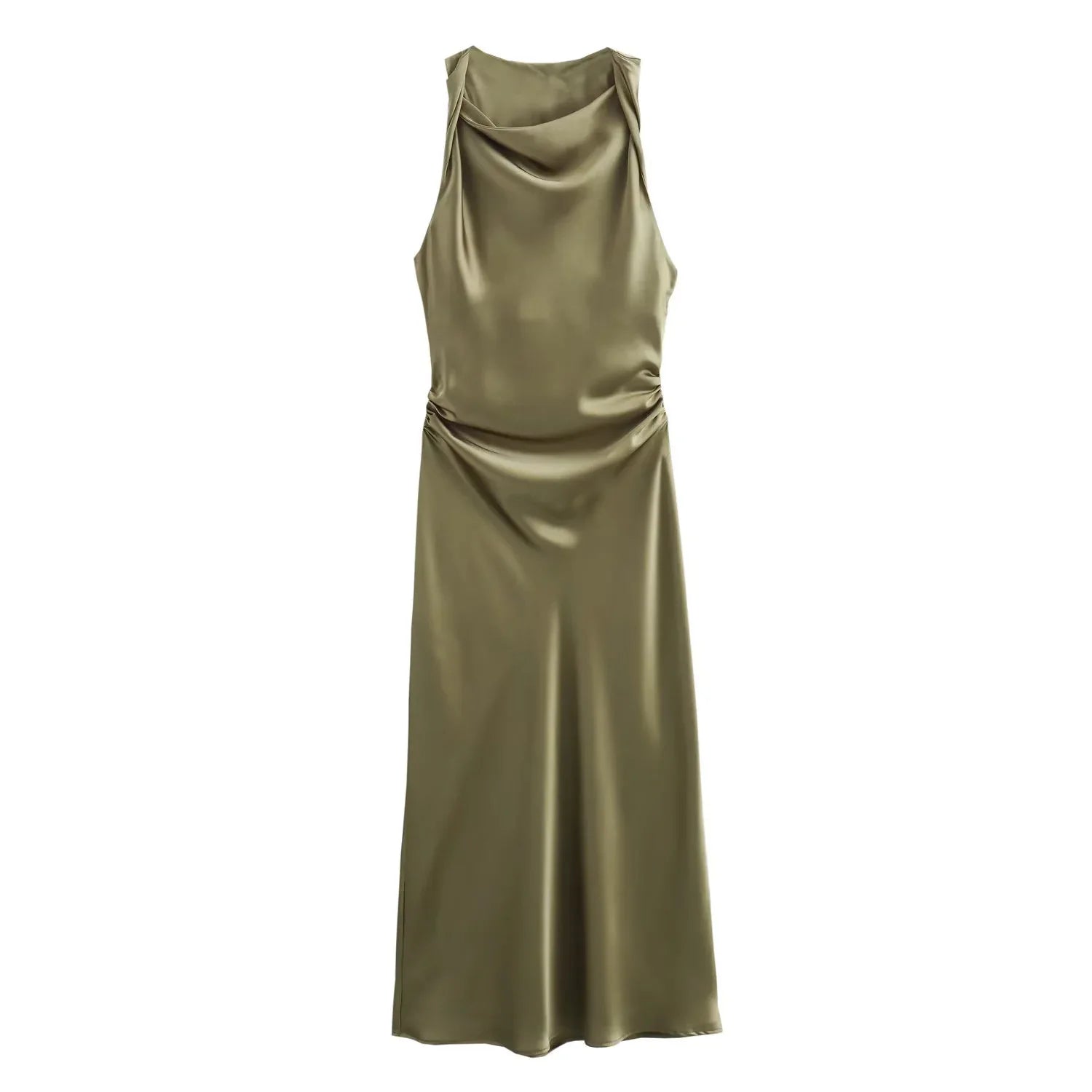 Ingvn  Autumn Satin Texture Sleeveless Midi Dress Round Neck Fashion Evening Dress