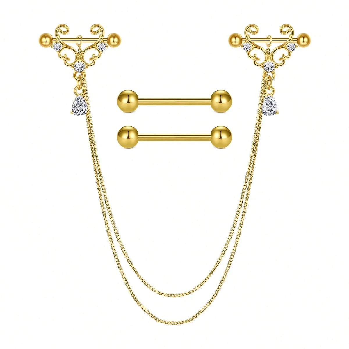 Ingvn  2Pairs Stainless Steel Nipple Rings, 14G Straight Barbell Dangle CZ Nipple Rings For Women Body Piercing Jewelry, Daily Wear