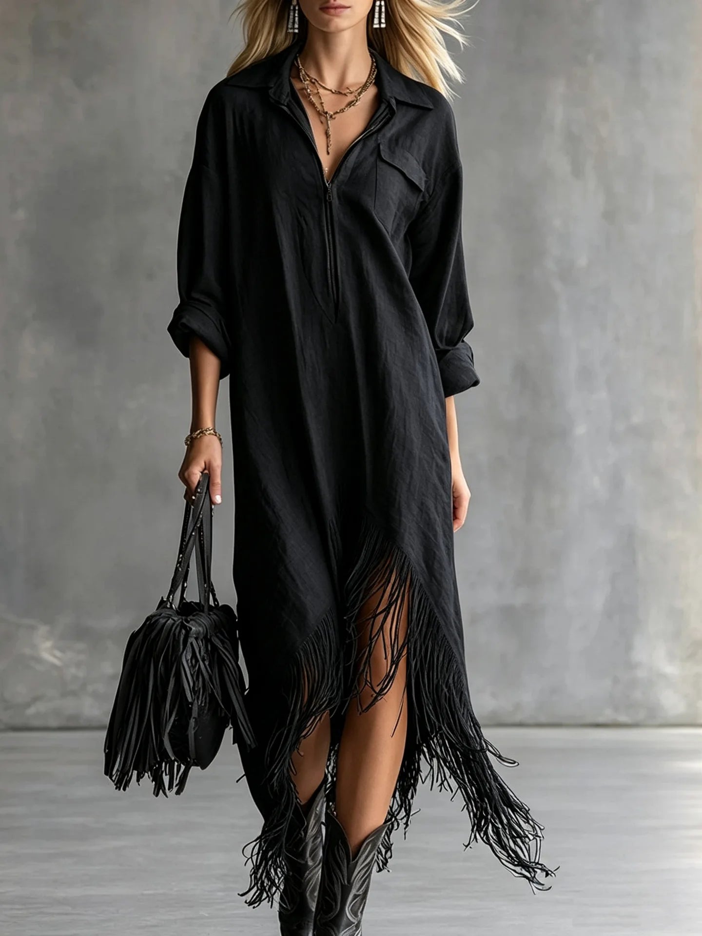 Ingvn - Elegant Loose Tassel Trim Dress Irregular Hemline Vintage Style Women's Fashion Autumn Casual Vacation Dress